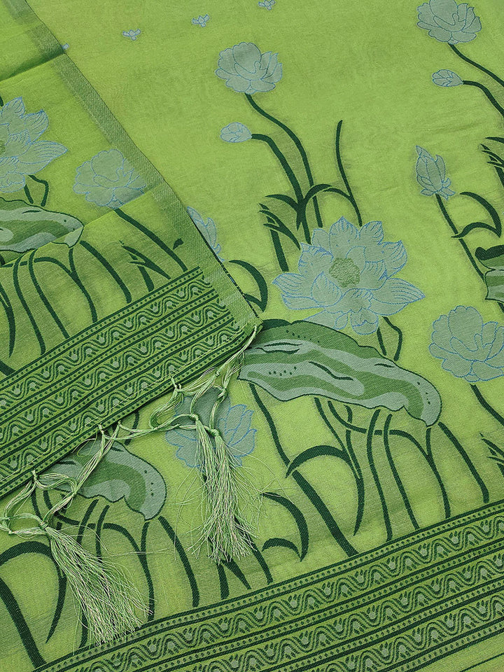 Pista-Green Muga Cotton Woven Design Unstitched Dress Material