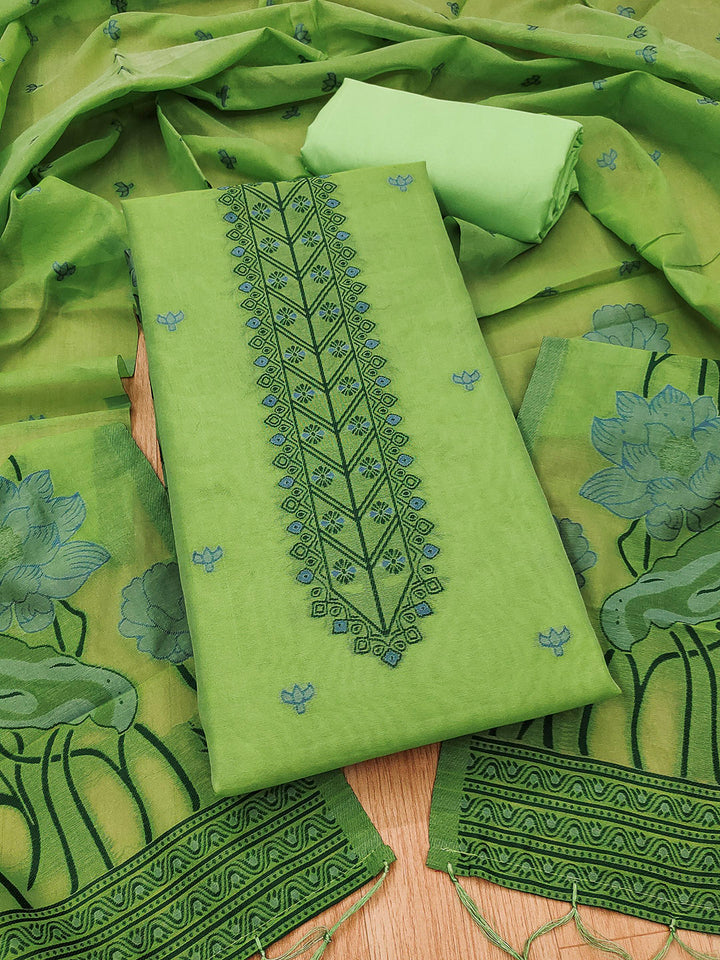 Pista-Green Muga Cotton Woven Design Unstitched Dress Material