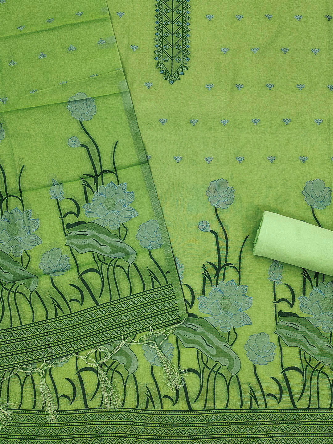 Pista-Green Muga Cotton Woven Design Unstitched Dress Material