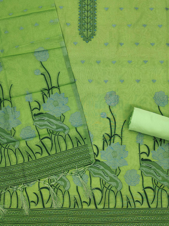Pista-Green Muga Cotton Woven Design Unstitched Dress Material