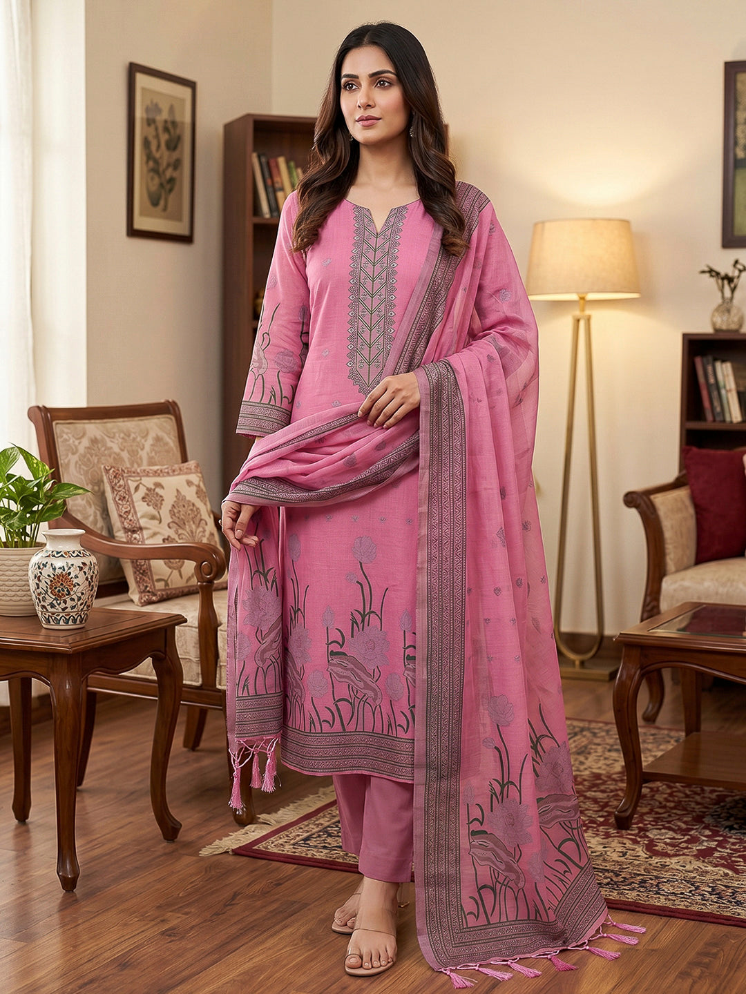 Pink Muga Cotton Woven Design Unstitched Dress Material
