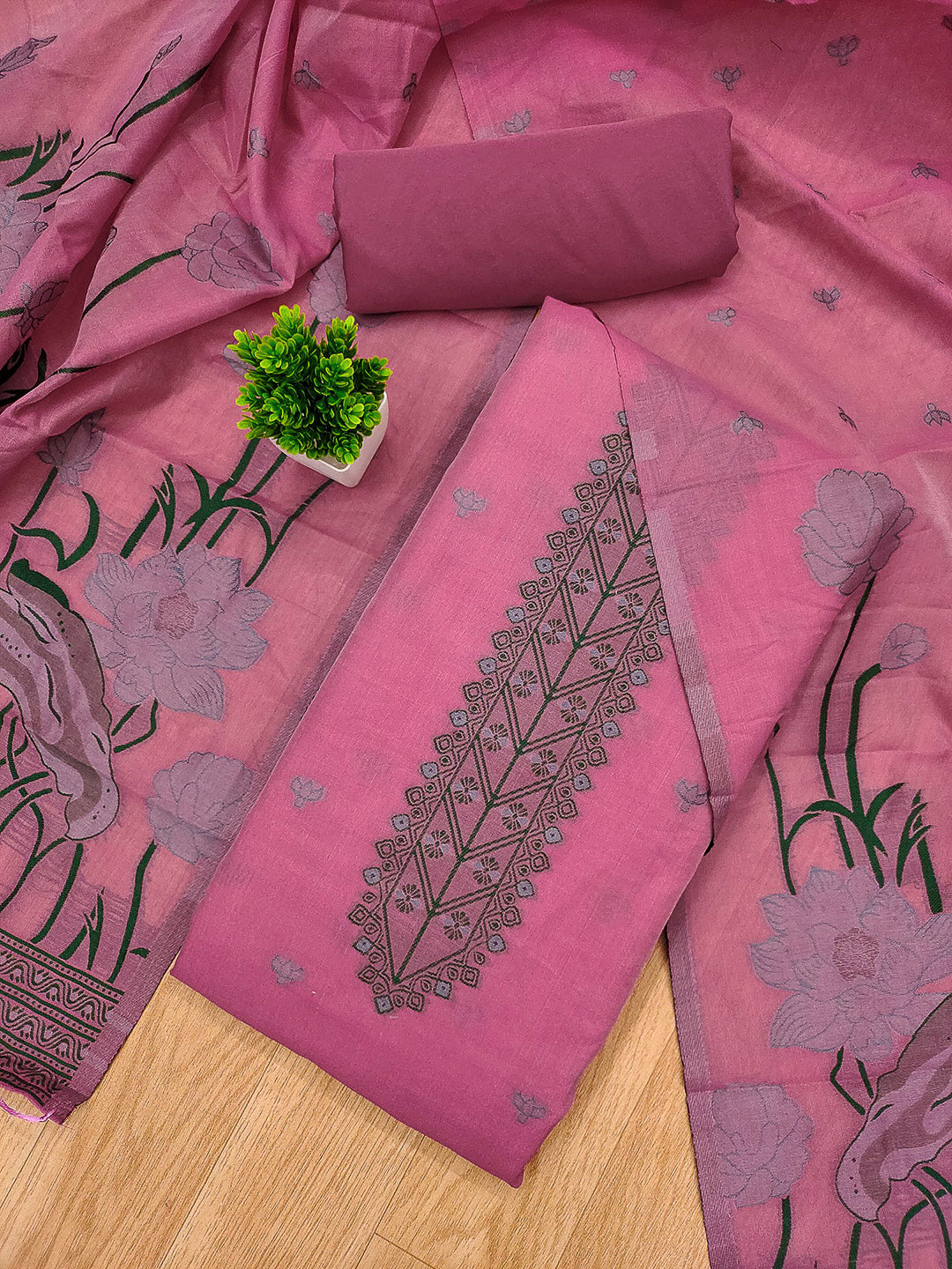 Pink Muga Cotton Woven Design Unstitched Dress Material
