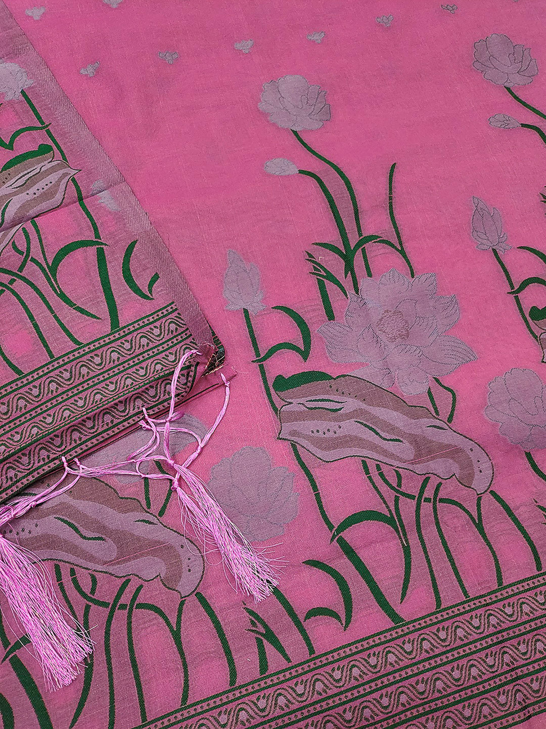 Pink Muga Cotton Woven Design Unstitched Dress Material