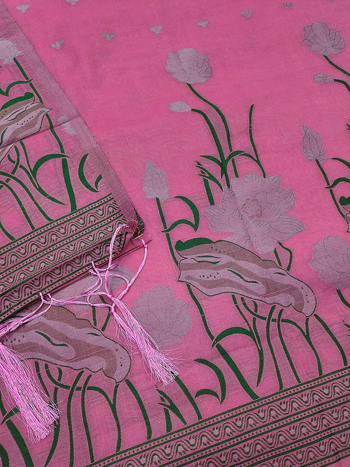 Pink Muga Cotton Woven Design Unstitched Dress Material
