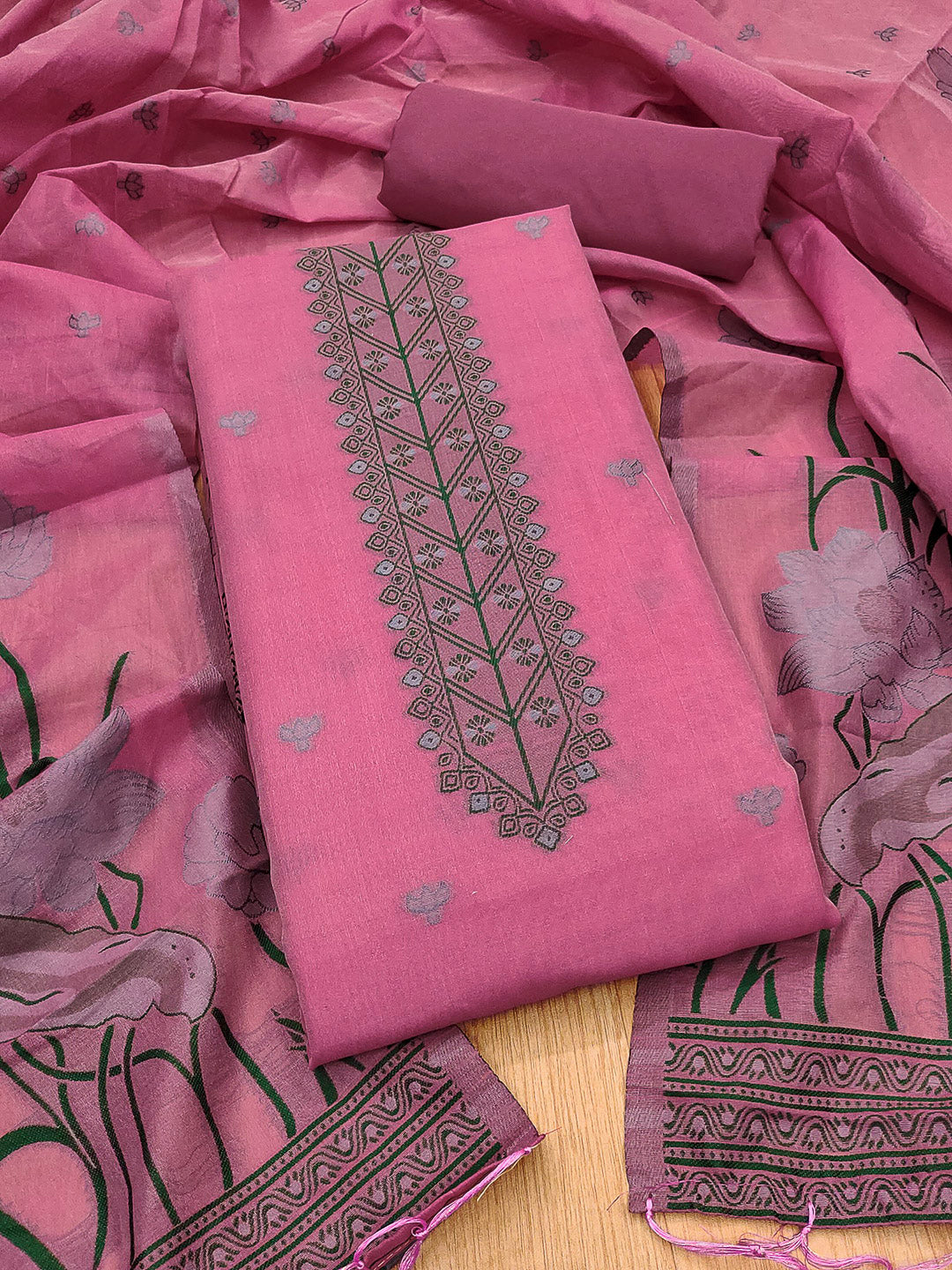 Pink Muga Cotton Woven Design Unstitched Dress Material