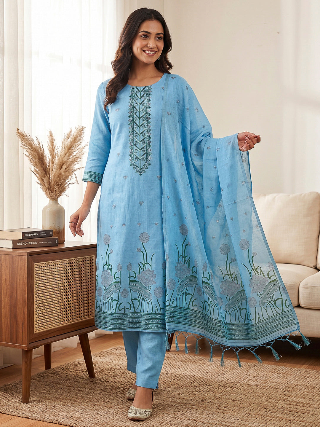 Sky-Blue Muga Cotton Woven Design Unstitched Dress Material