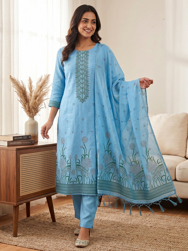 Sky-Blue Muga Cotton Woven Design Unstitched Dress Material