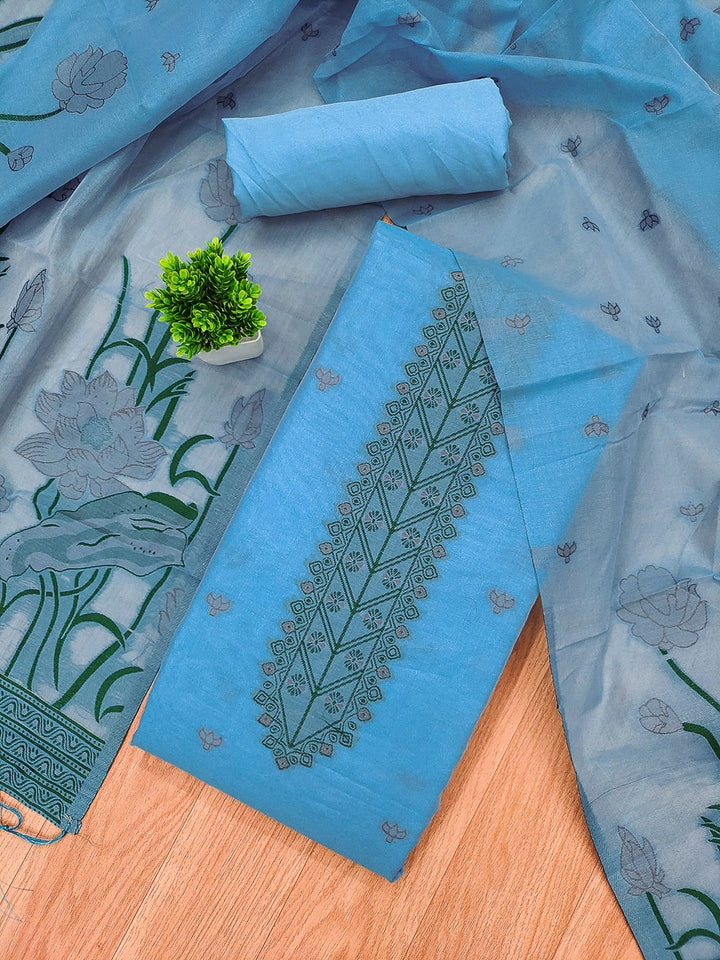 Sky-Blue Muga Cotton Woven Design Unstitched Dress Material