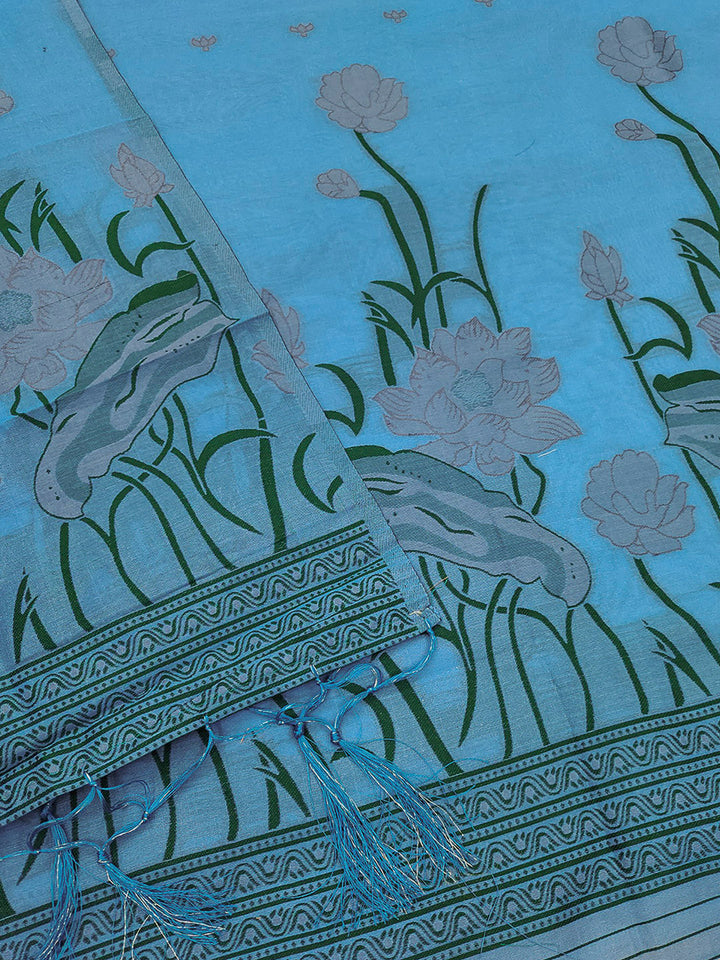 Sky-Blue Muga Cotton Woven Design Unstitched Dress Material