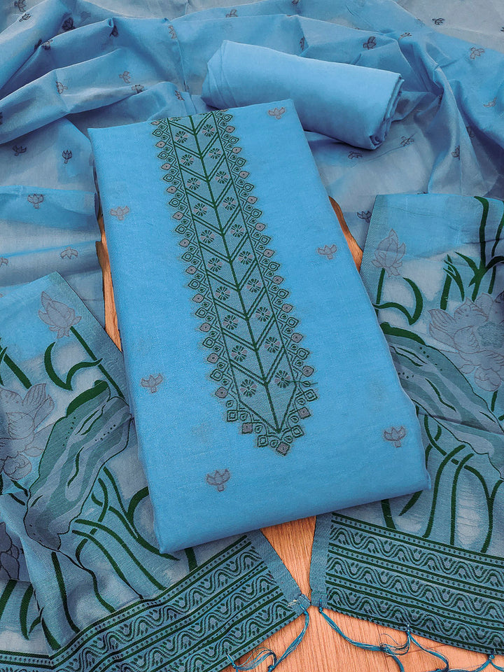 Sky-Blue Muga Cotton Woven Design Unstitched Dress Material