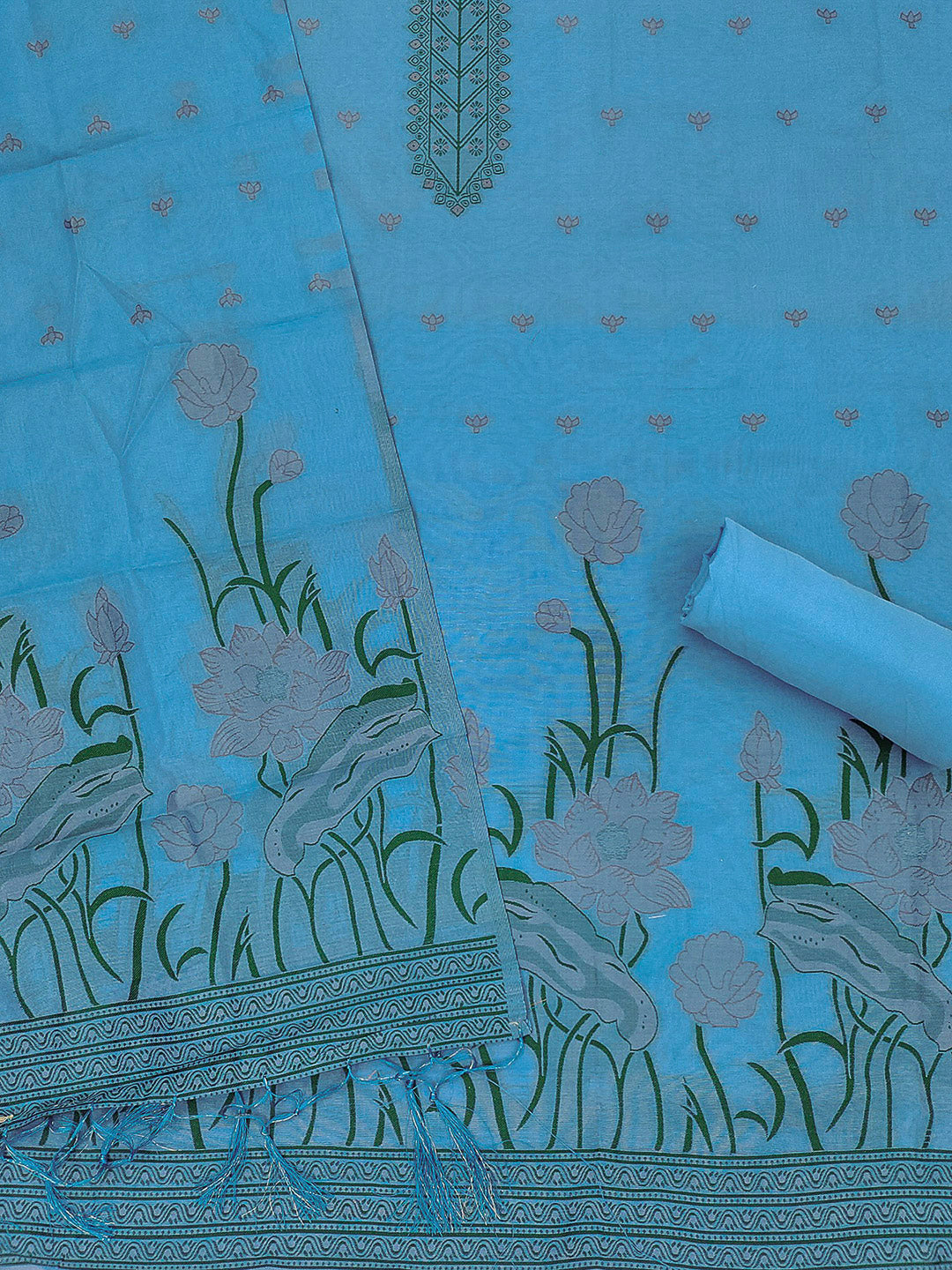 Sky-Blue Muga Cotton Woven Design Unstitched Dress Material
