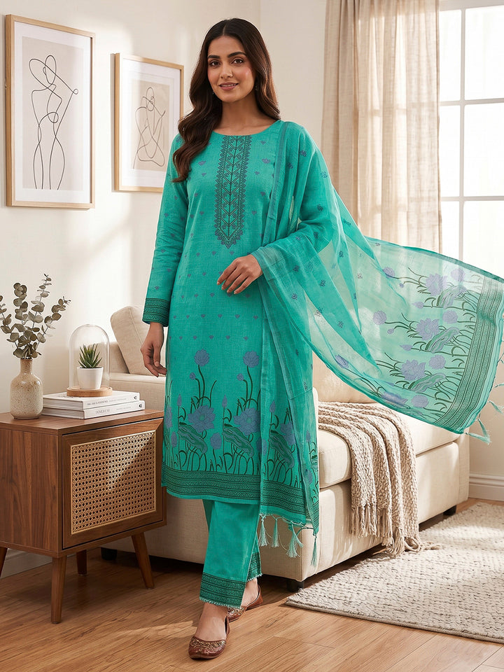 Sea-Green Muga Cotton Woven Design Unstitched Dress Material