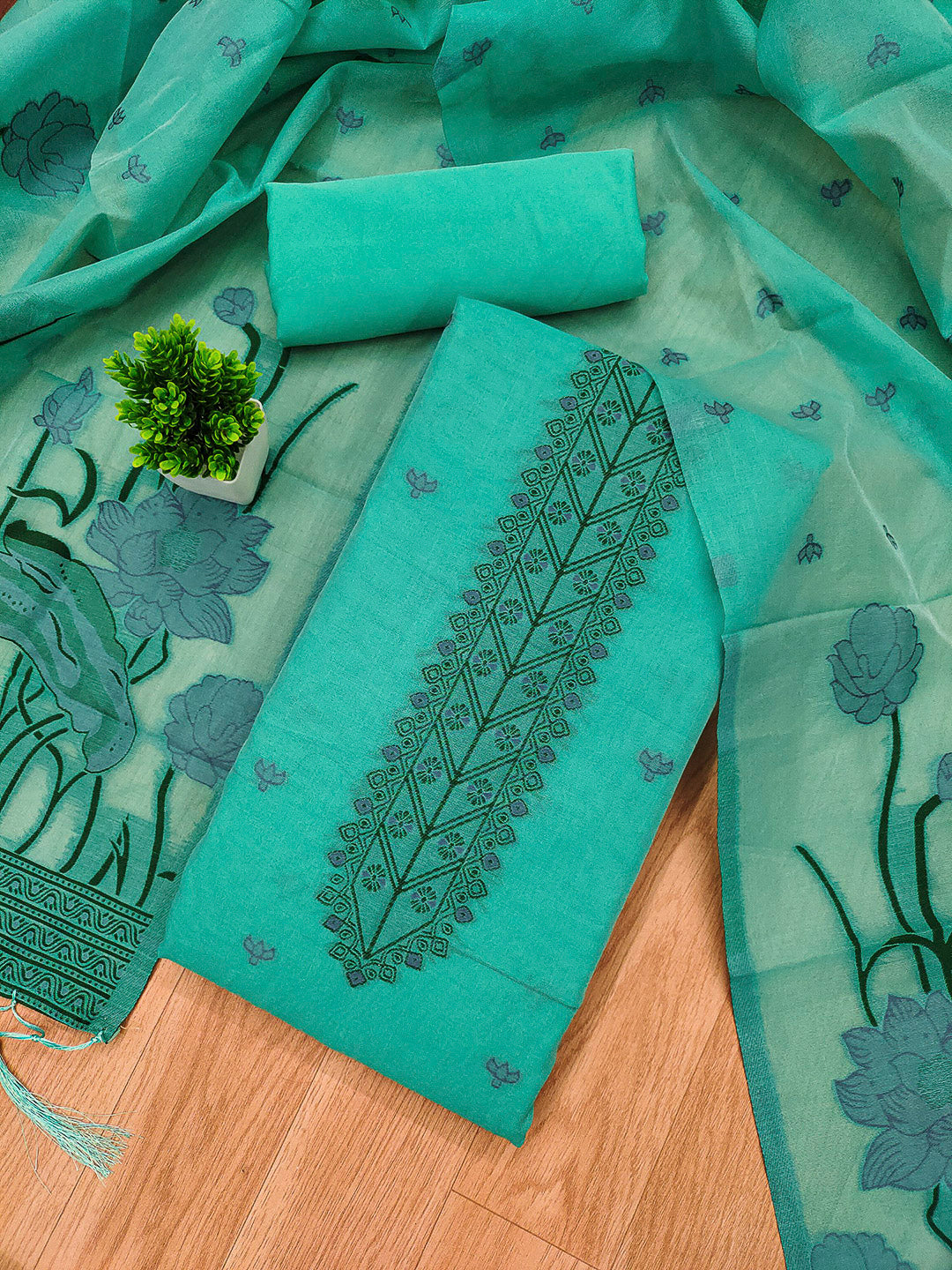 Sea-Green Muga Cotton Woven Design Unstitched Dress Material