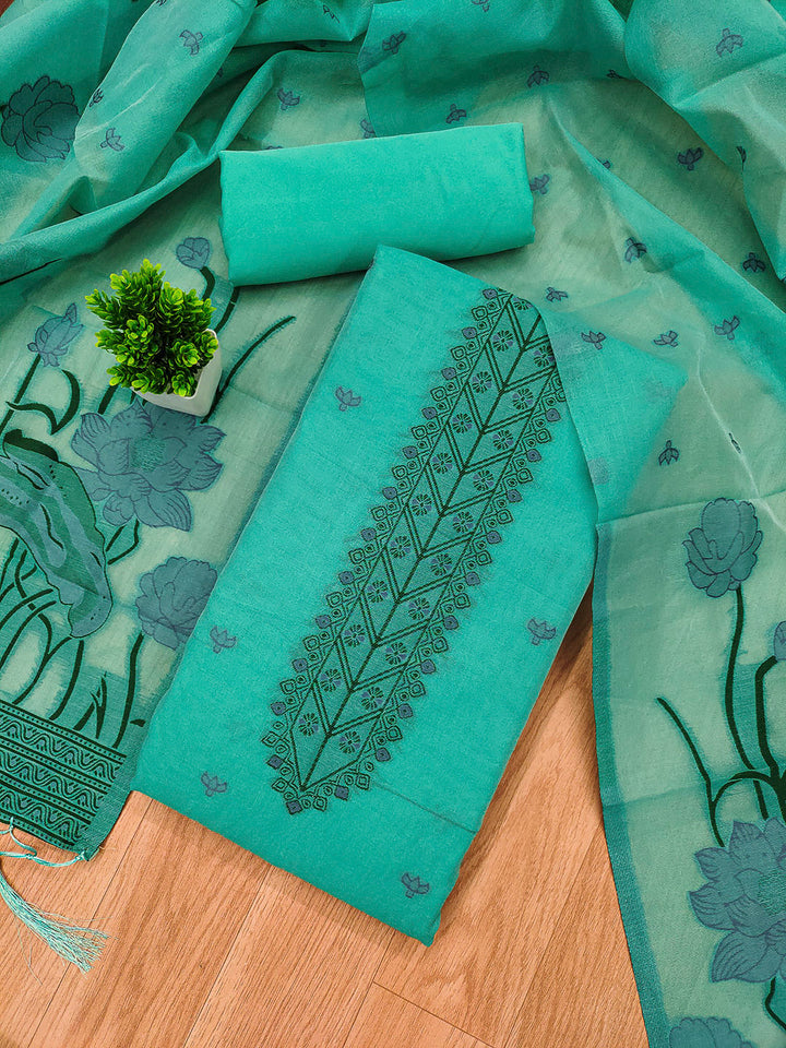 Sea-Green Muga Cotton Woven Design Unstitched Dress Material