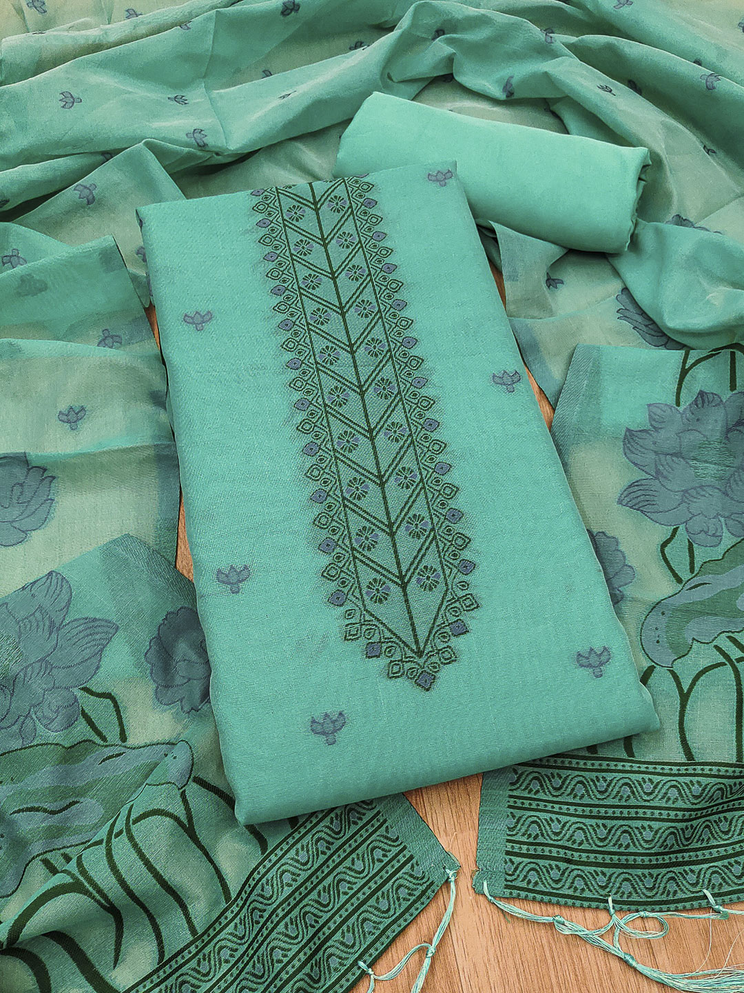 Sea-Green Muga Cotton Woven Design Unstitched Dress Material