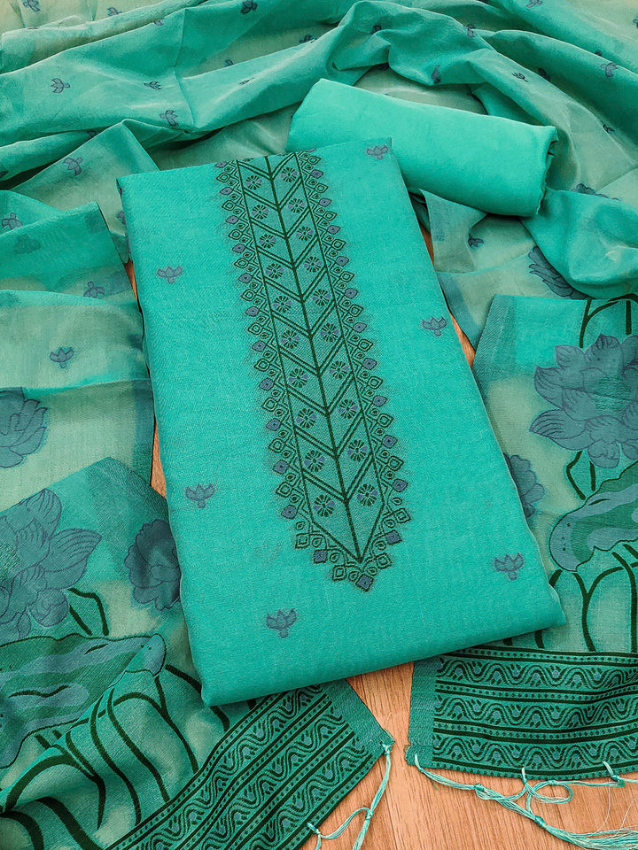 Sea-Green Muga Cotton Woven Design Unstitched Dress Material