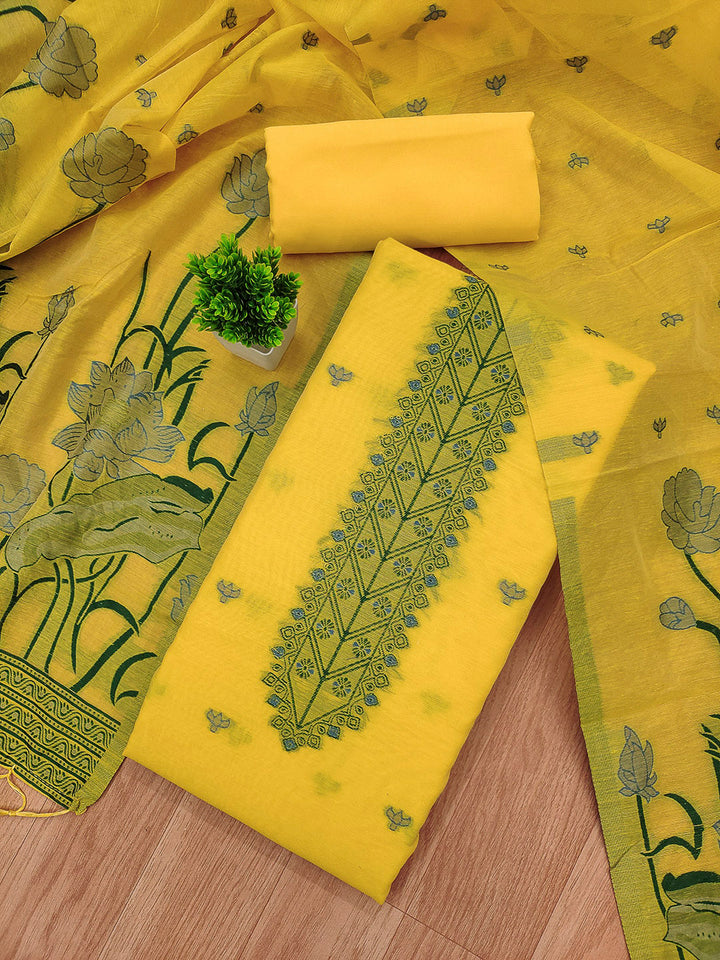 Yellow Muga Cotton Woven Design Unstitched Dress Material