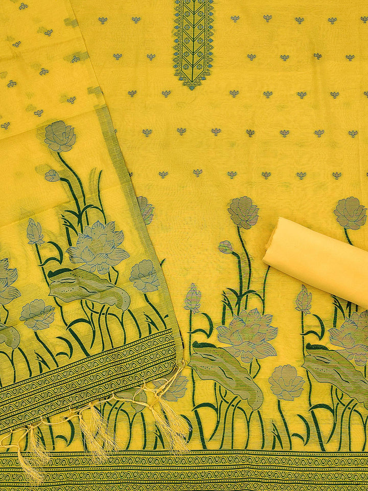 Yellow Muga Cotton Woven Design Unstitched Dress Material