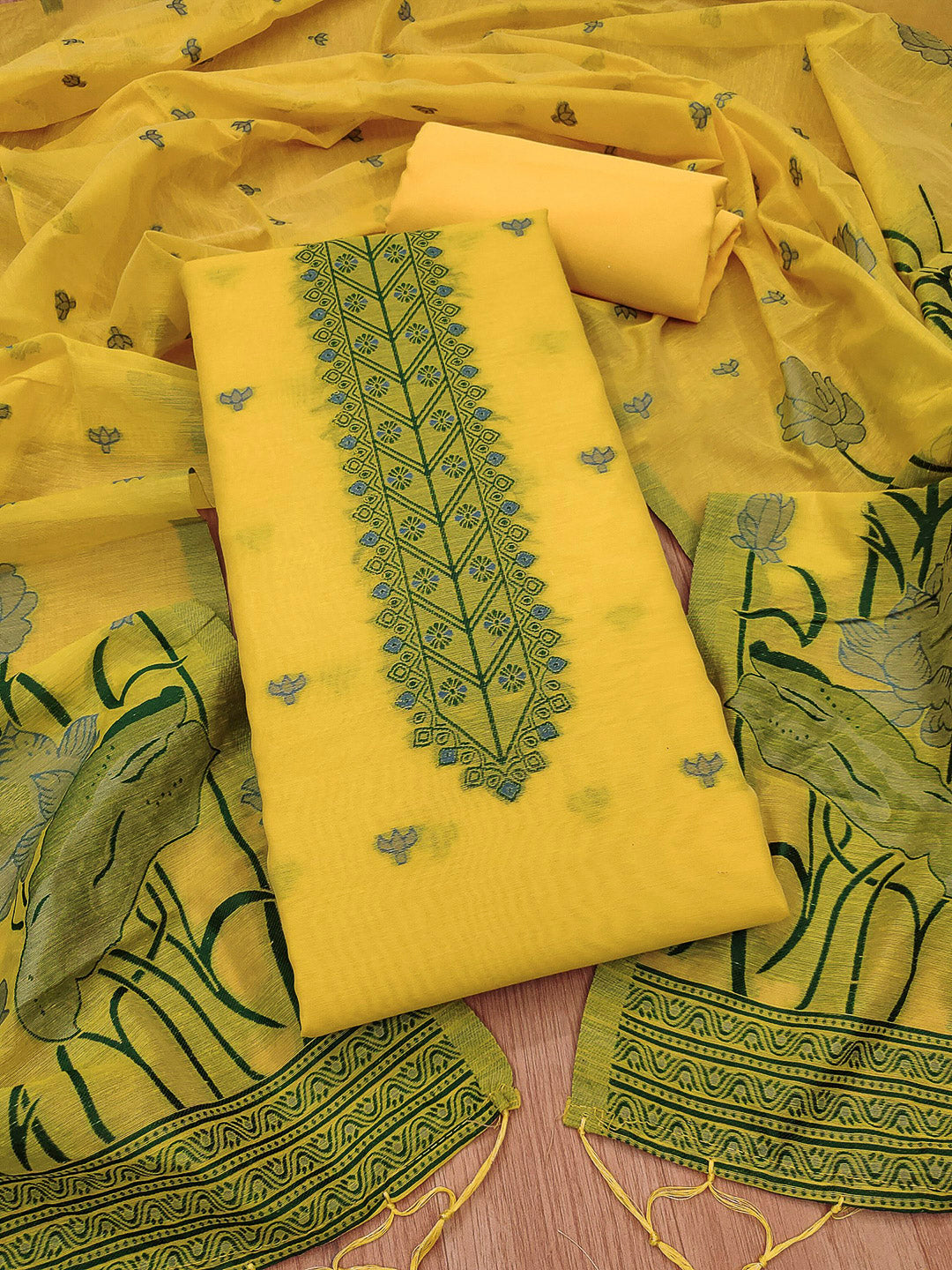 Yellow Muga Cotton Woven Design Unstitched Dress Material
