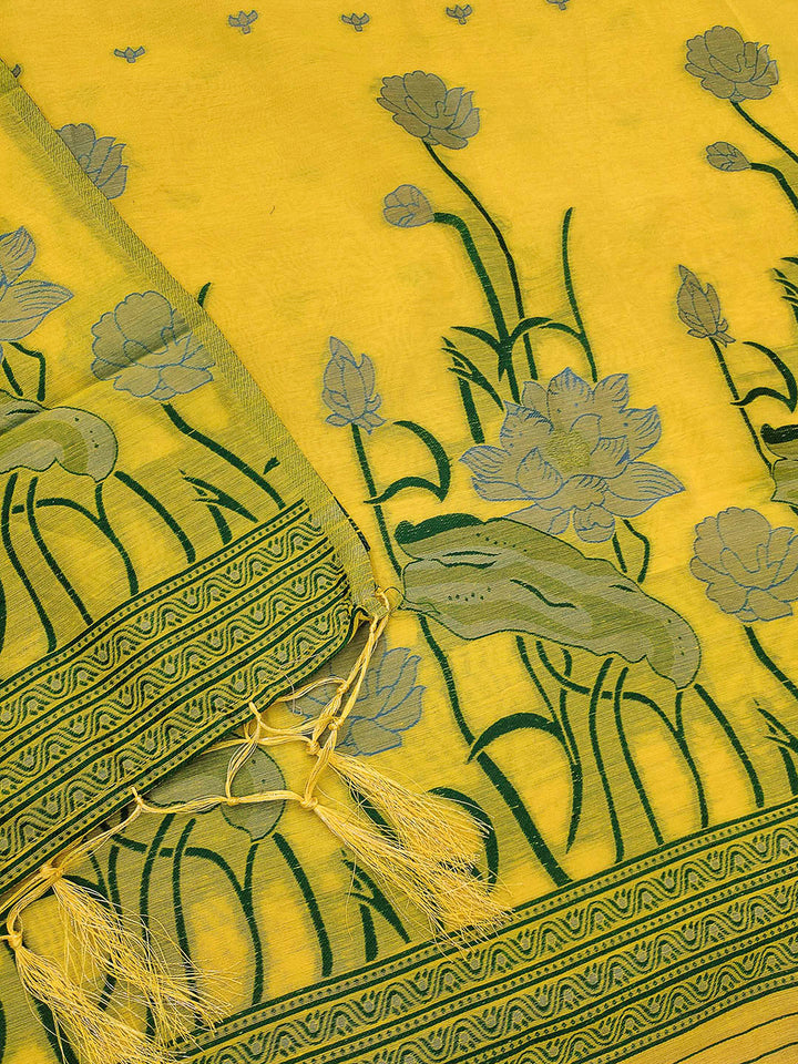 Yellow Muga Cotton Woven Design Unstitched Dress Material