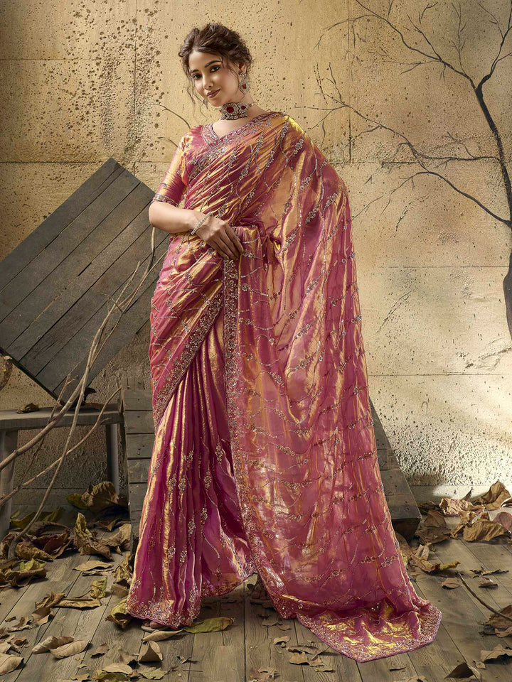Pink Satin Embroidered Saree