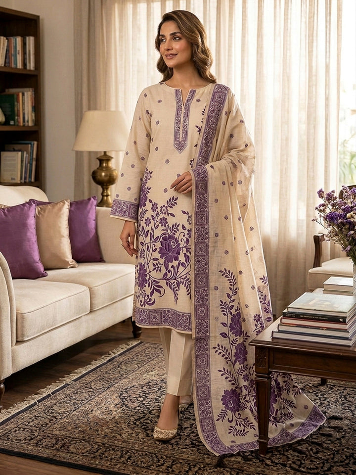 Cream Muga Cotton Woven Design Unstitched Dress Material
