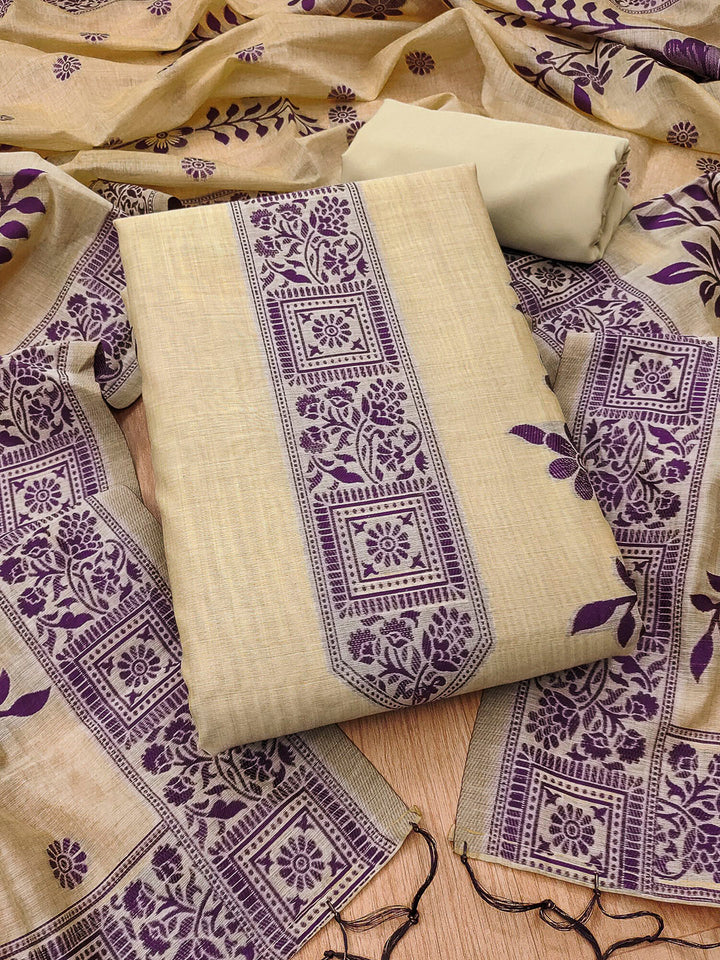 Cream Muga Cotton Woven Design Unstitched Dress Material