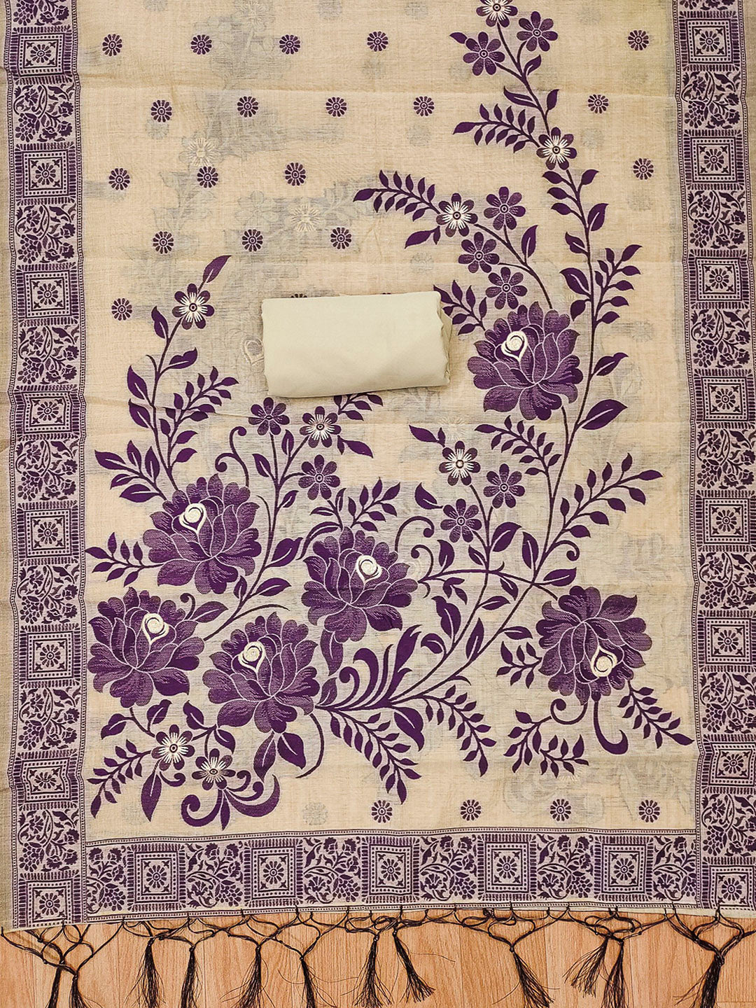 Cream Muga Cotton Woven Design Unstitched Dress Material