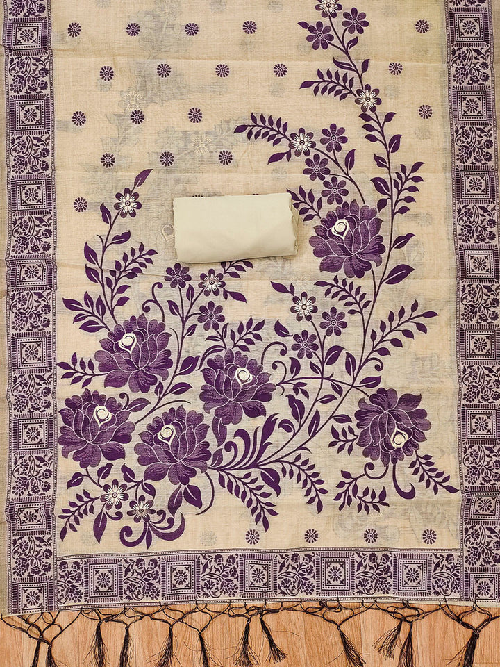 Cream Muga Cotton Woven Design Unstitched Dress Material