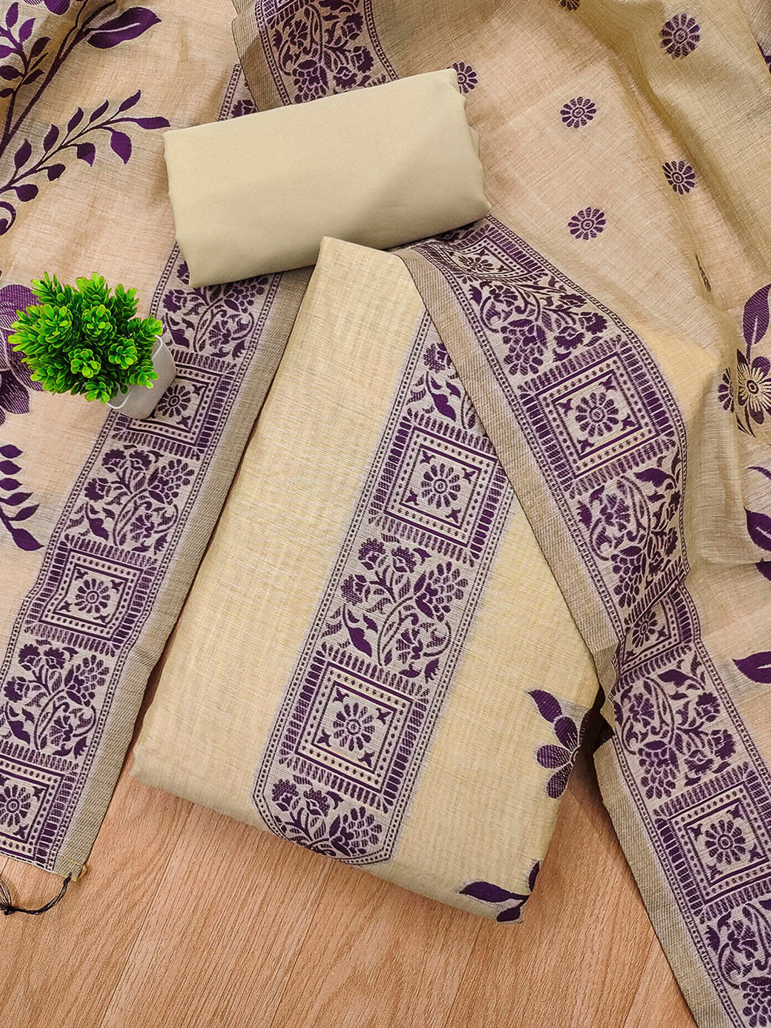 Cream Muga Cotton Woven Design Unstitched Dress Material