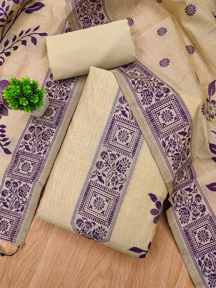 Cream Muga Cotton Woven Design Unstitched Dress Material