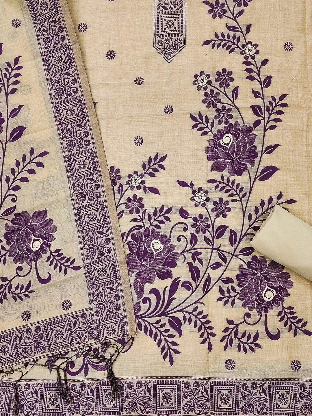 Cream Muga Cotton Woven Design Unstitched Dress Material