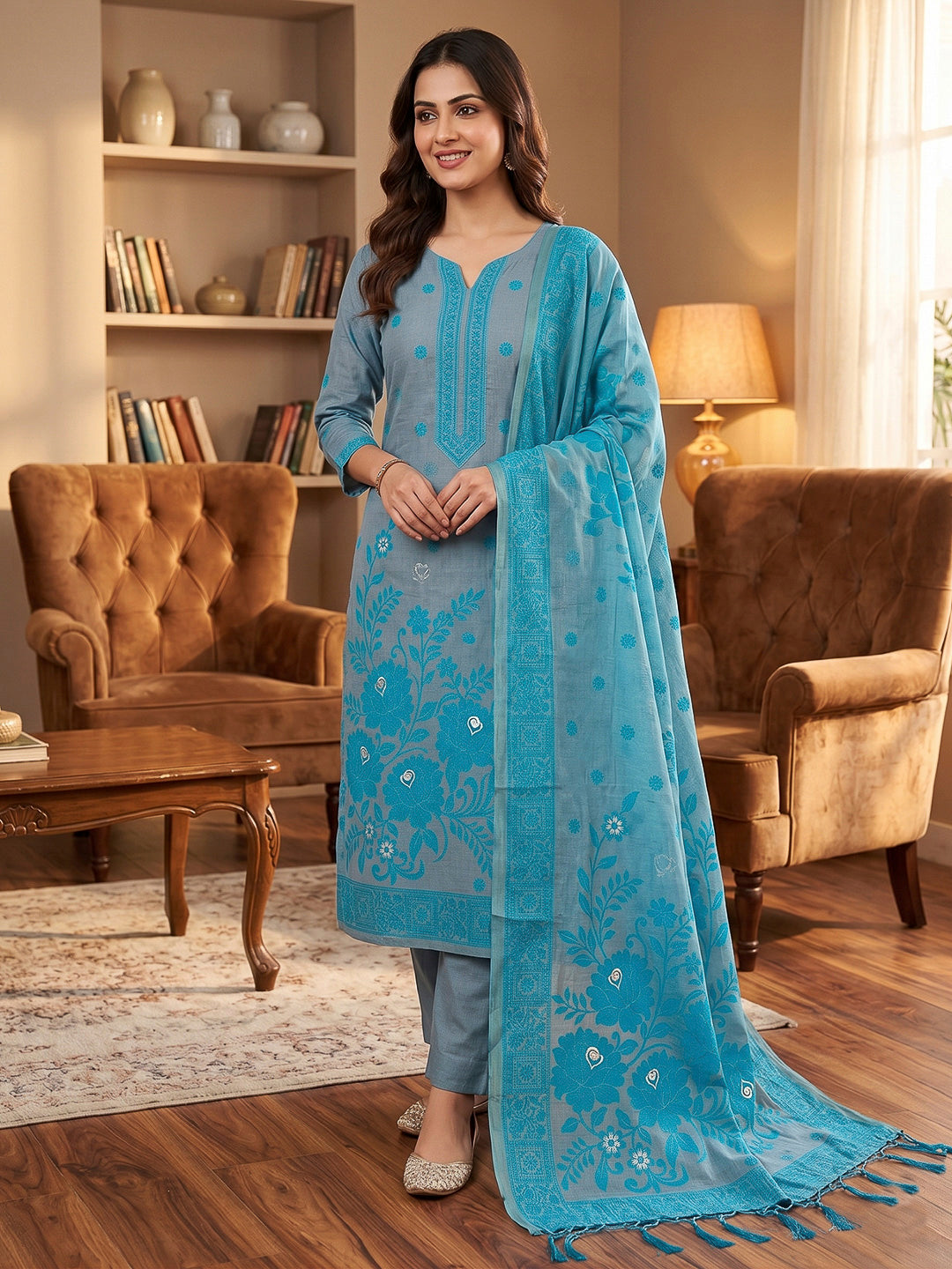 Grey Muga Cotton Woven Design Unstitched Dress Material