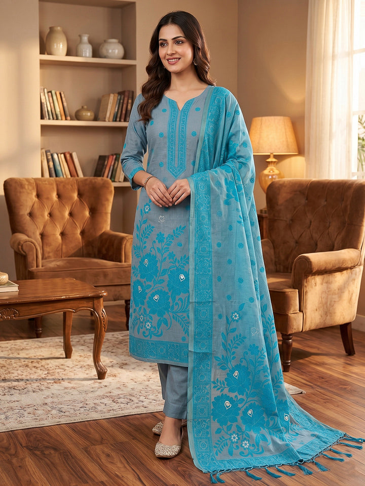 Grey Muga Cotton Woven Design Unstitched Dress Material