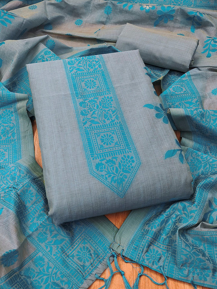 Grey Muga Cotton Woven Design Unstitched Dress Material