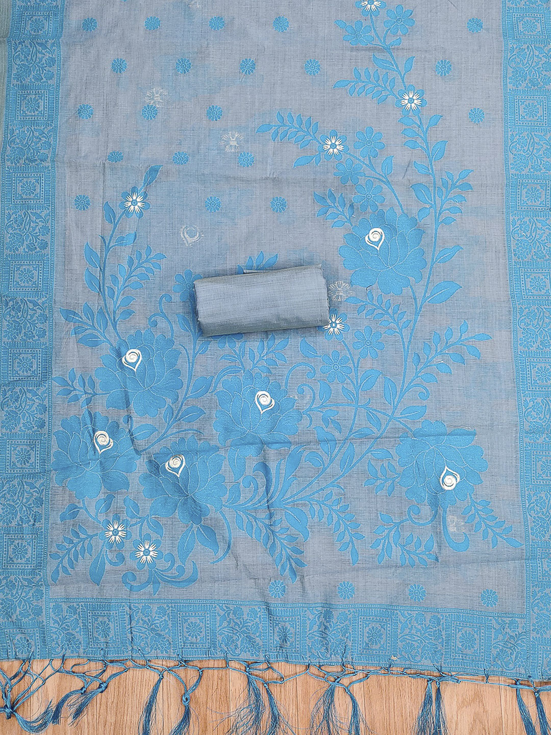 Grey Muga Cotton Woven Design Unstitched Dress Material