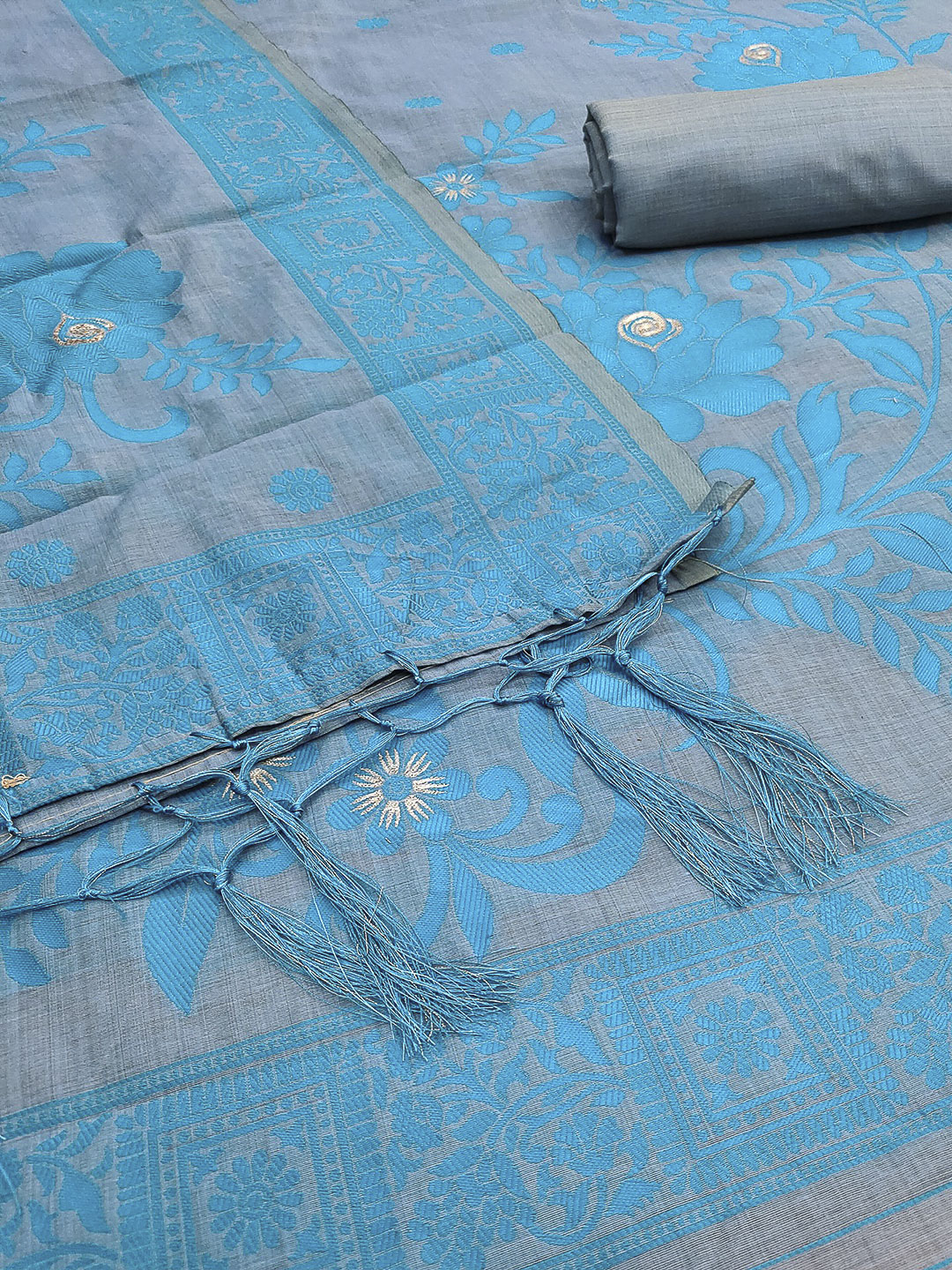 Grey Muga Cotton Woven Design Unstitched Dress Material