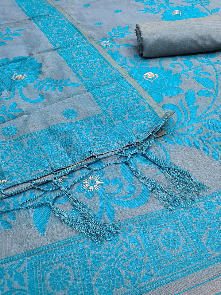 Grey Muga Cotton Woven Design Unstitched Dress Material