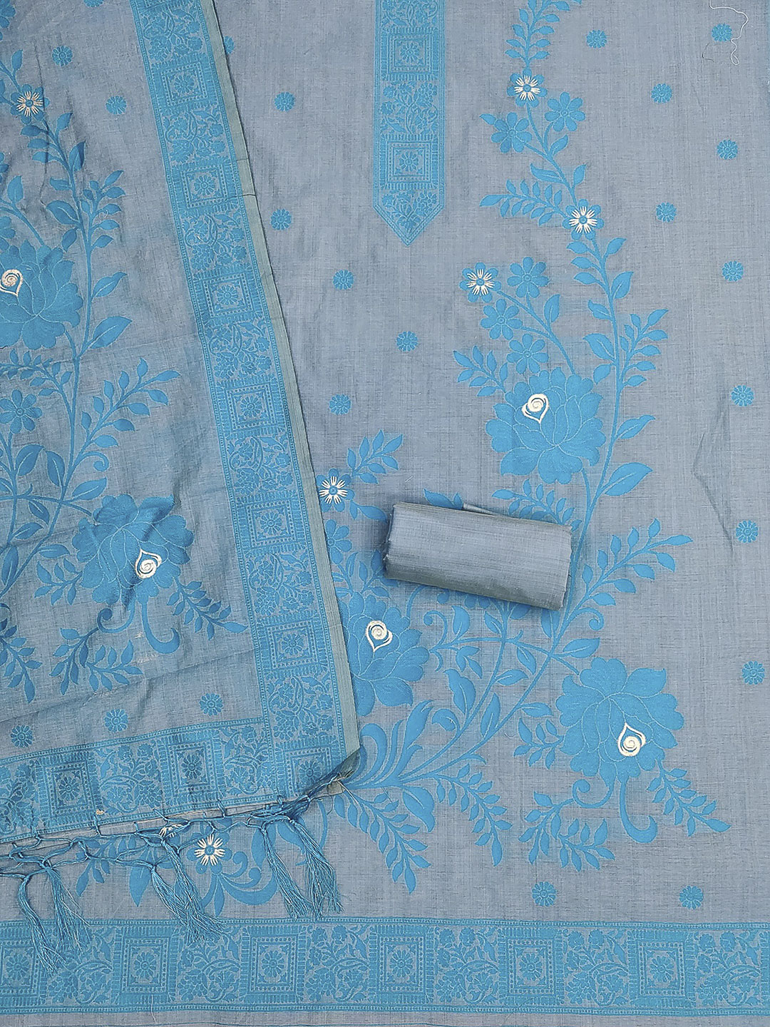 Grey Muga Cotton Woven Design Unstitched Dress Material