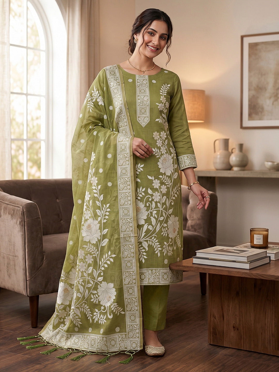 Mehndi Muga Cotton Woven Design Unstitched Dress Material