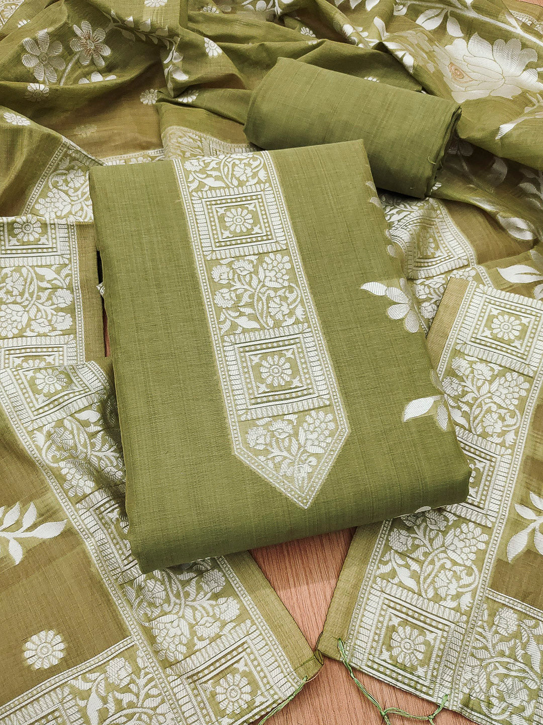 Mehndi Muga Cotton Woven Design Unstitched Dress Material
