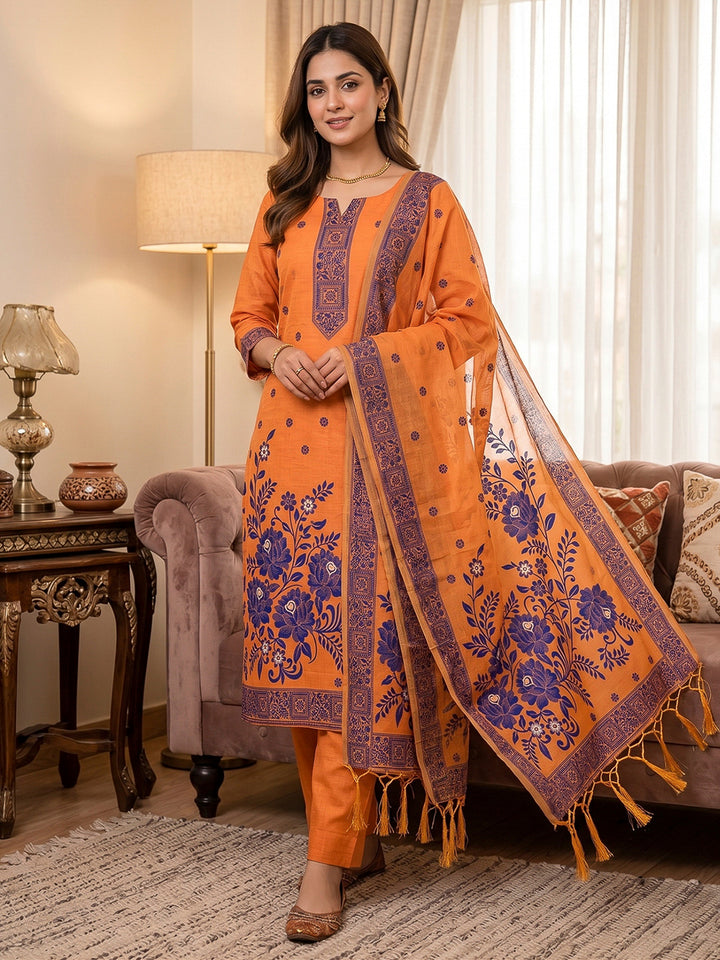 Orange Muga Cotton Woven Design Unstitched Dress Material