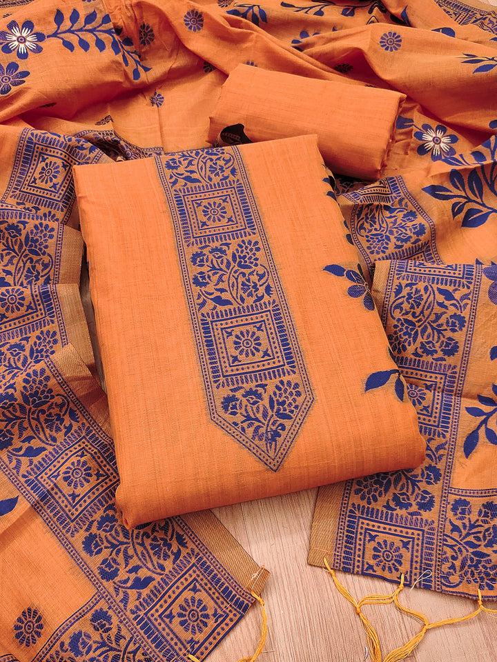 Orange Muga Cotton Woven Design Unstitched Dress Material
