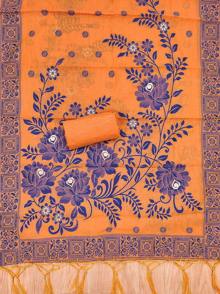 Orange Muga Cotton Woven Design Unstitched Dress Material