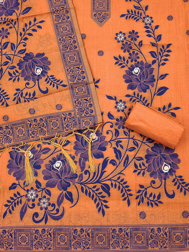 Orange Muga Cotton Woven Design Unstitched Dress Material