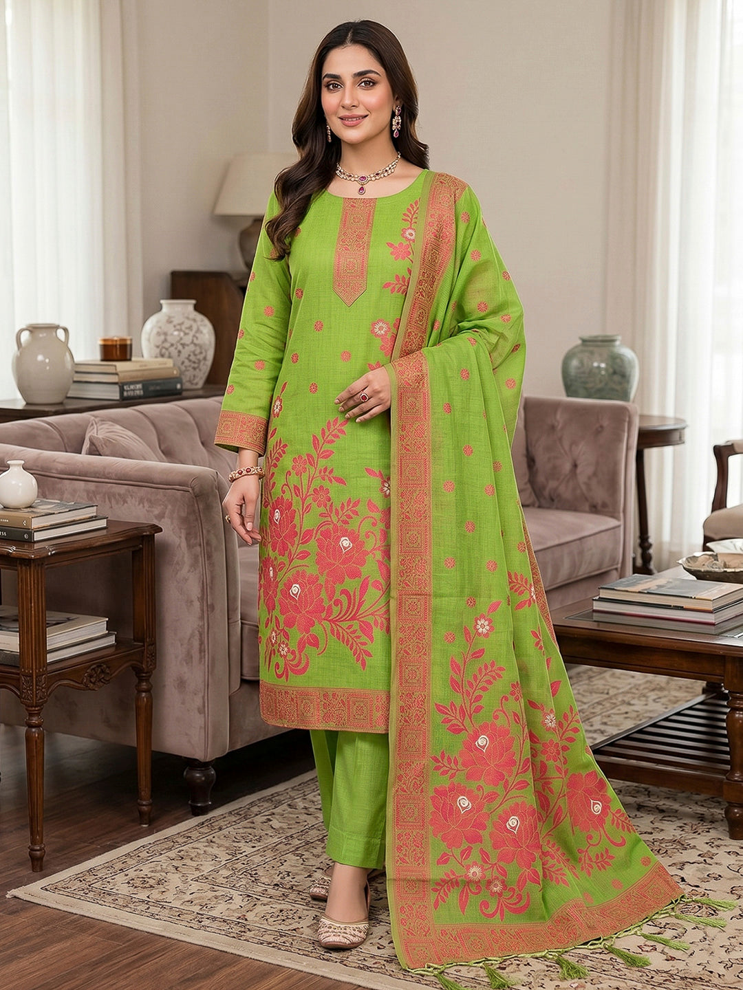 Pista-Green Muga Cotton Woven Design Unstitched Dress Material