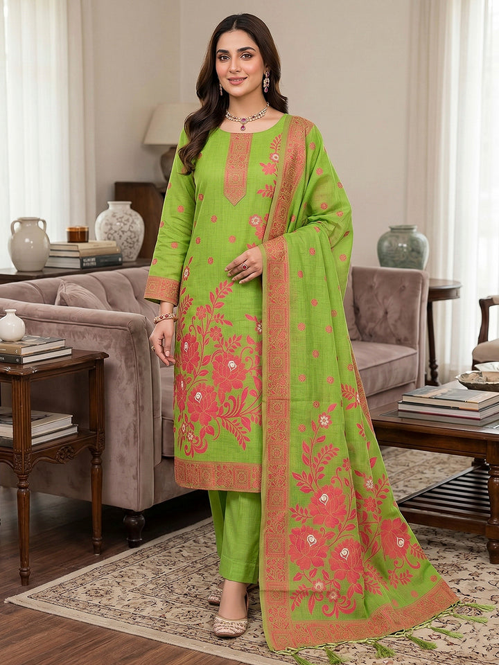 Pista-Green Muga Cotton Woven Design Unstitched Dress Material