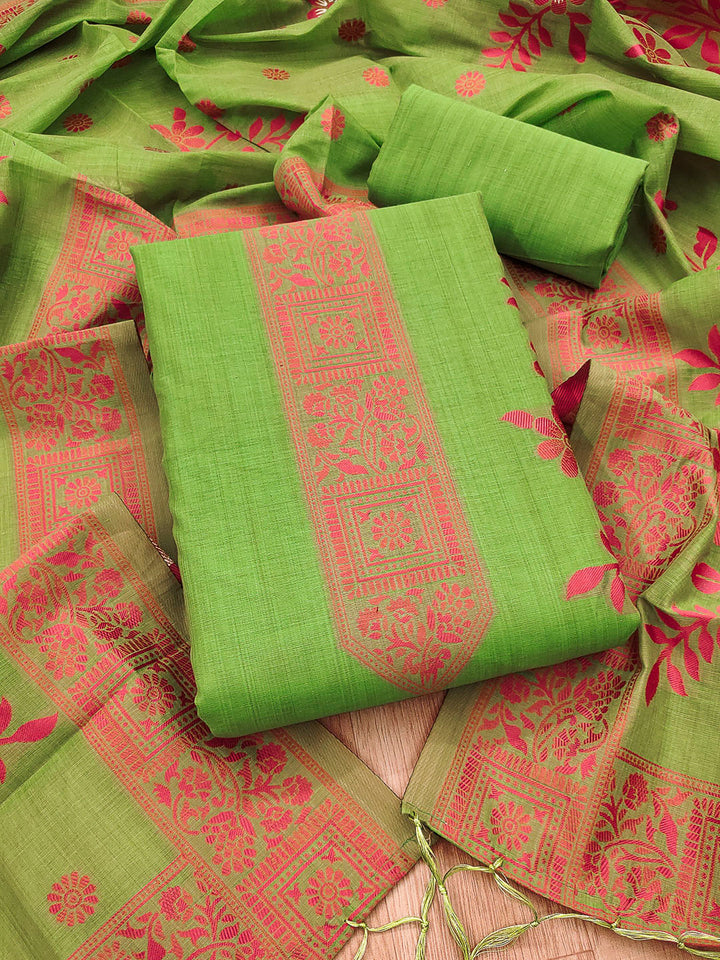 Pista-Green Muga Cotton Woven Design Unstitched Dress Material