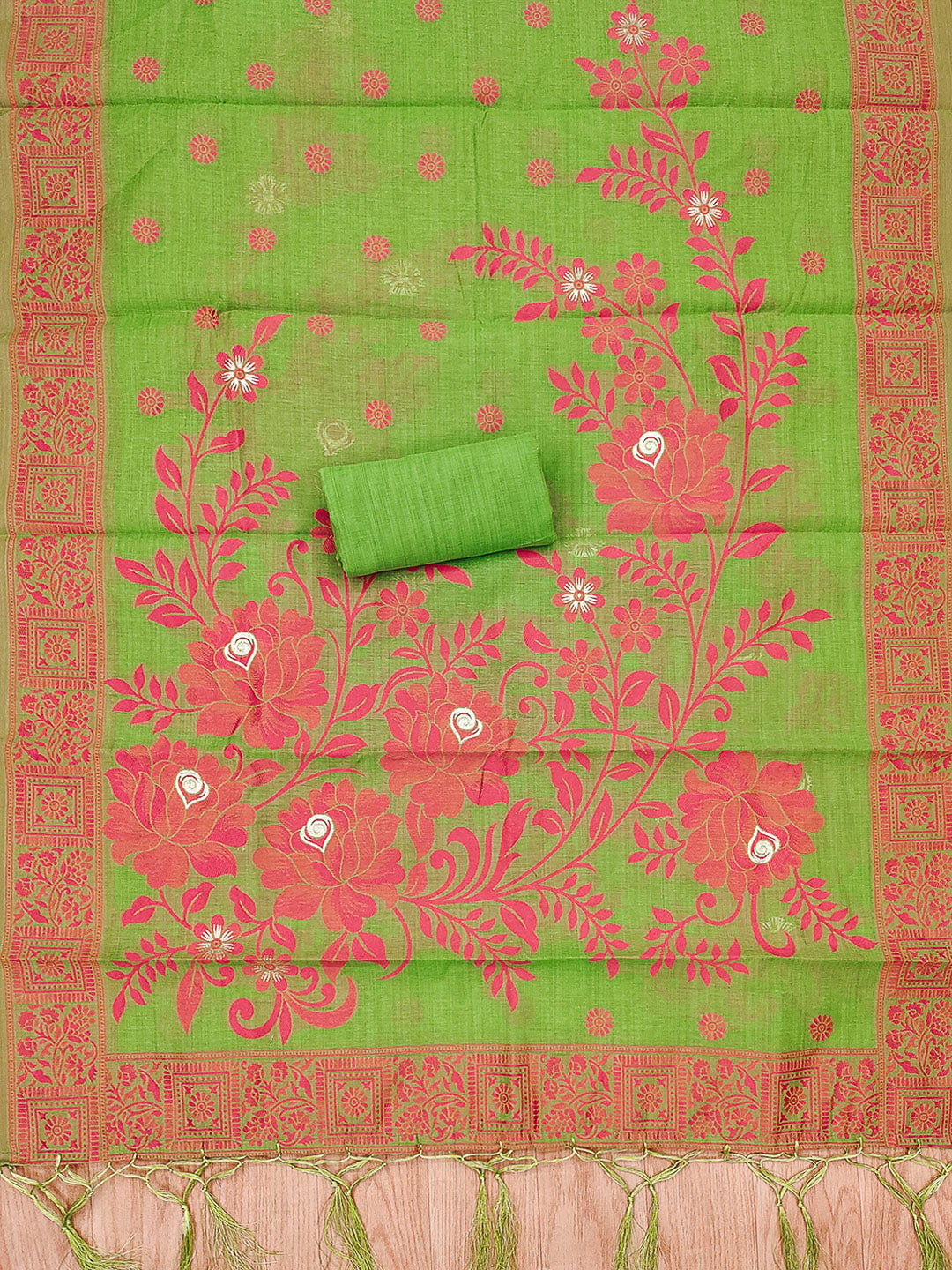 Pista-Green Muga Cotton Woven Design Unstitched Dress Material