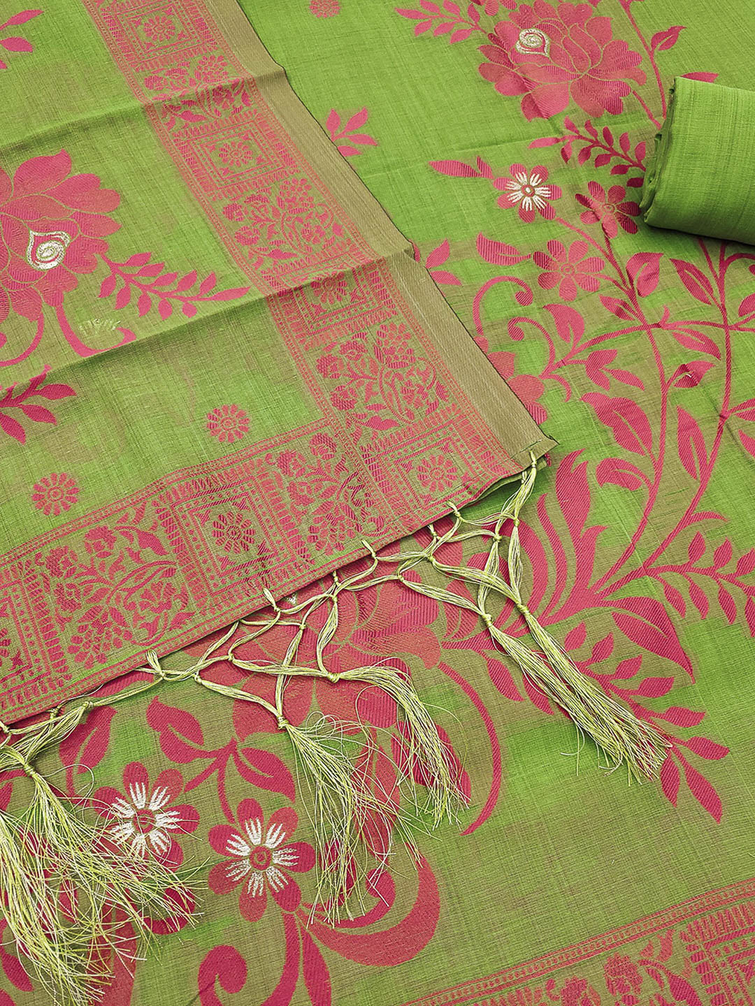 Pista-Green Muga Cotton Woven Design Unstitched Dress Material